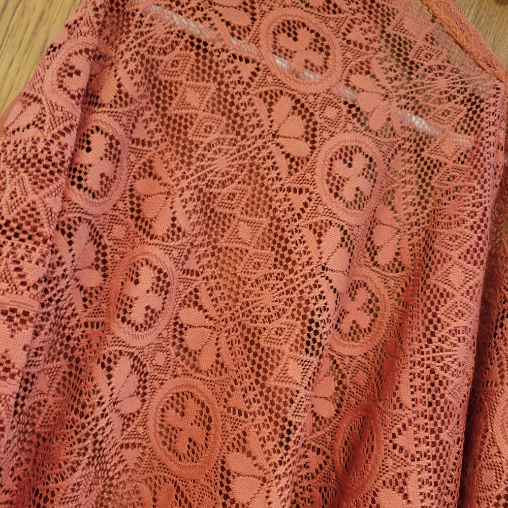 Maurice's Coral Pink Lace Back Tassel Kimono Cover-up  S/M - Picture 7 of 9